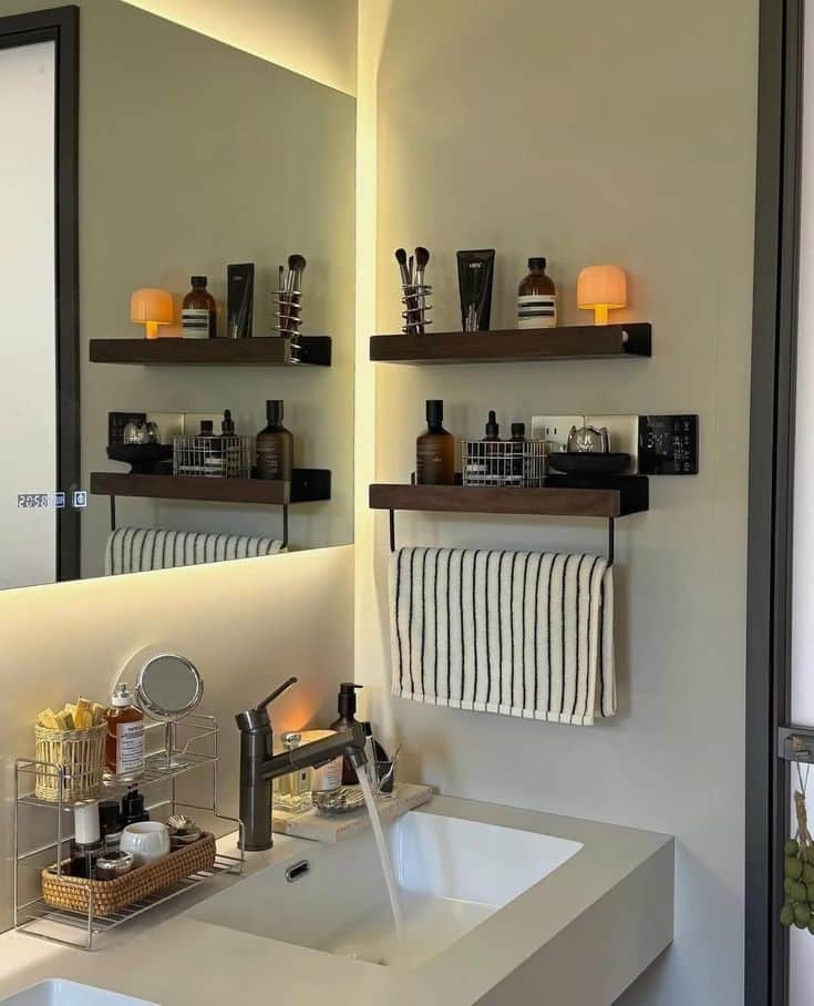 Modern bathroom vanity with shelves, skincare products, striped towel, and a sleek faucet flowing into a white sink.