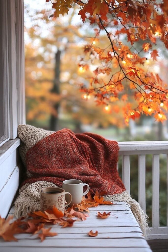 Cozy autumn porch with blankets, two mugs, and colorful fall leaves under a tree with warm lights. Perfect for a peaceful retreat.