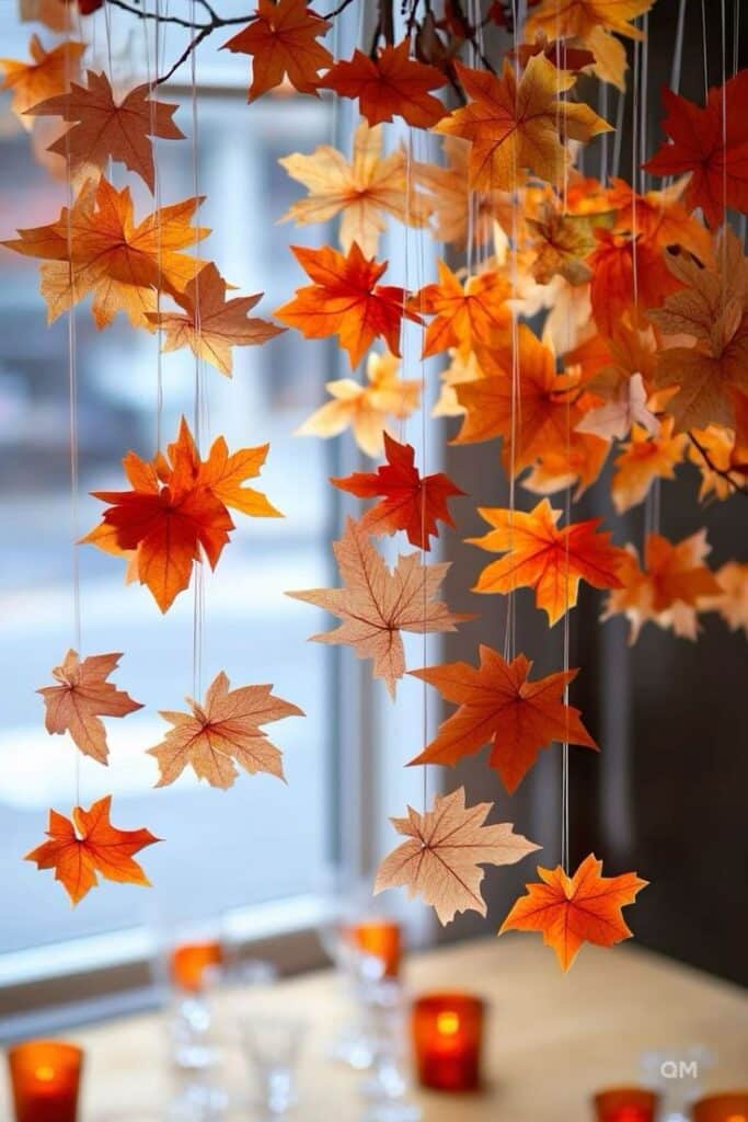 Hanging autumn leaves decoration with orange and brown shades near a window, creating a cozy fall atmosphere indoors.