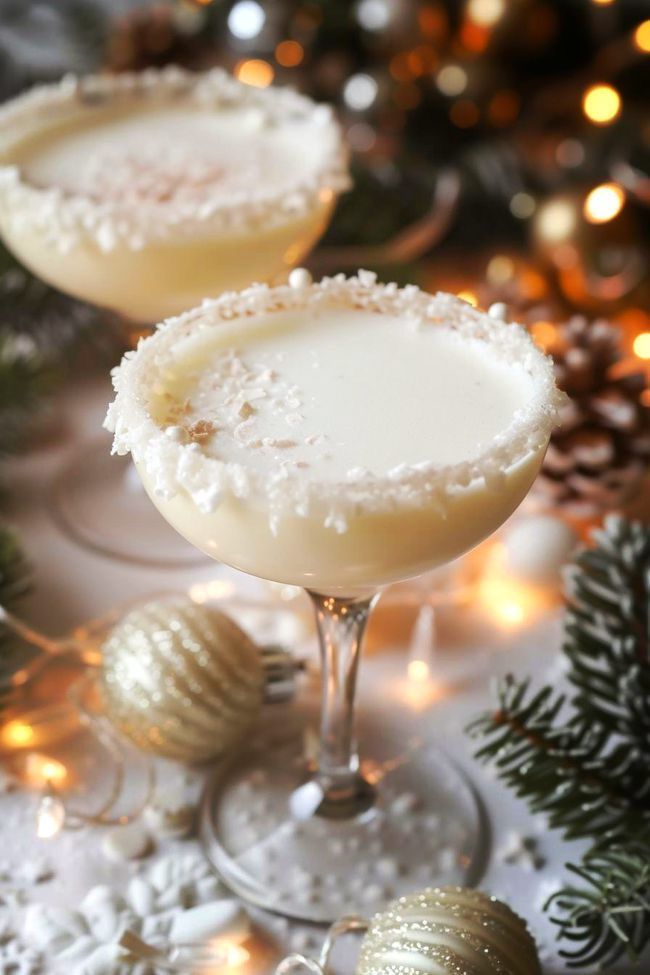 Festive coconut margaritas in elegant glasses, rimmed with shredded coconut, surrounded by Christmas ornaments and warm lights.