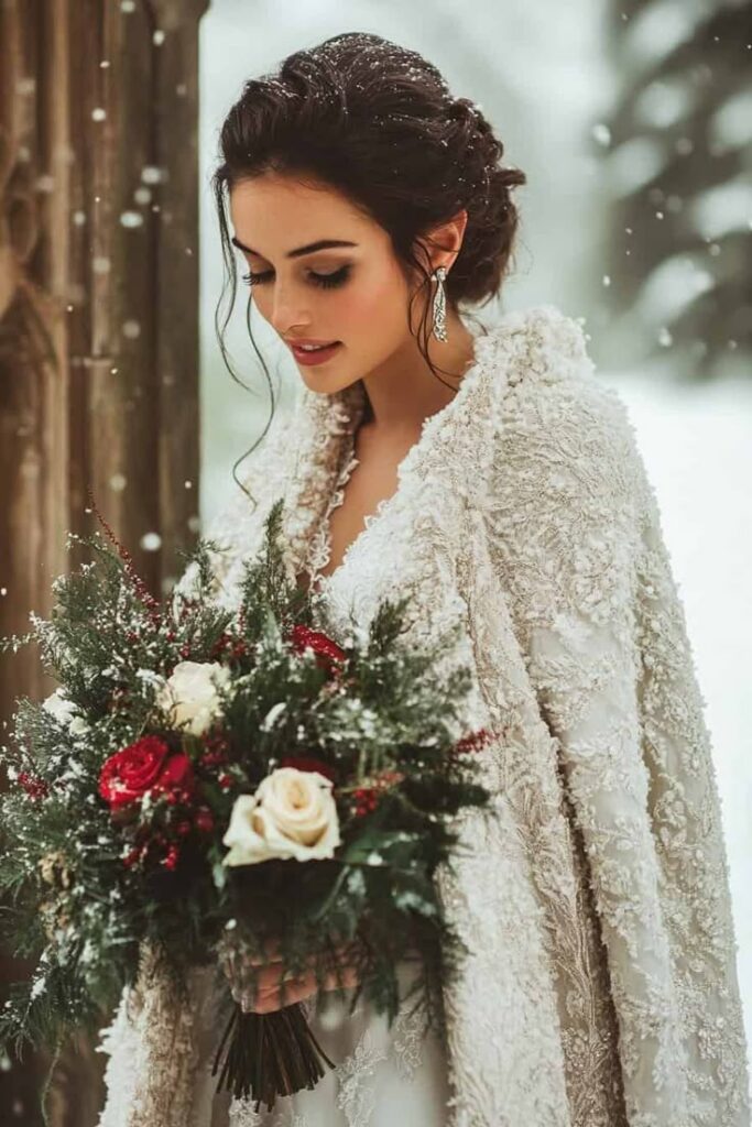 Bride in winter setting holding a bouquet of red and white roses, snowflakes falling on her elegant lace gown.