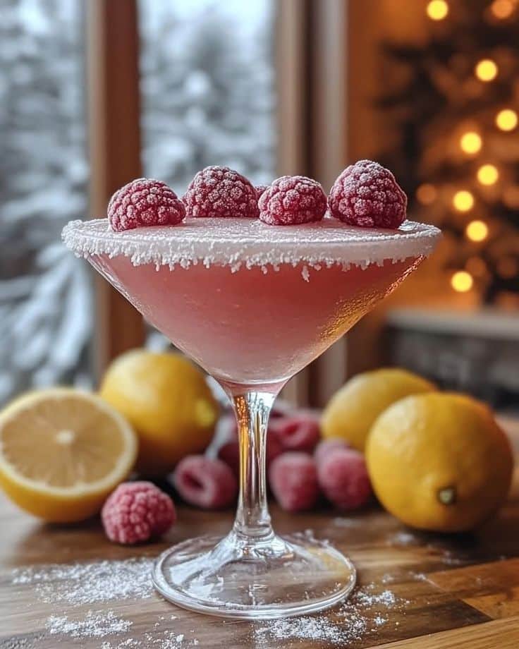 Pink cocktail with sugared raspberries in a martini glass, surrounded by lemons and raspberries on a wooden table.
