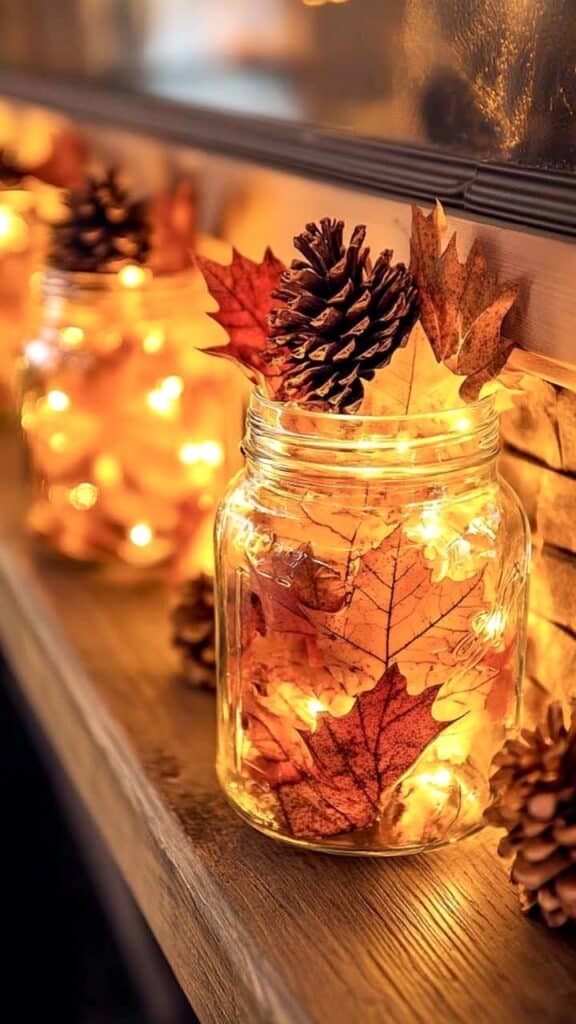 Autumn-themed glass jar with lights, pinecones, and fall leaves, creating a warm and cozy seasonal decoration.