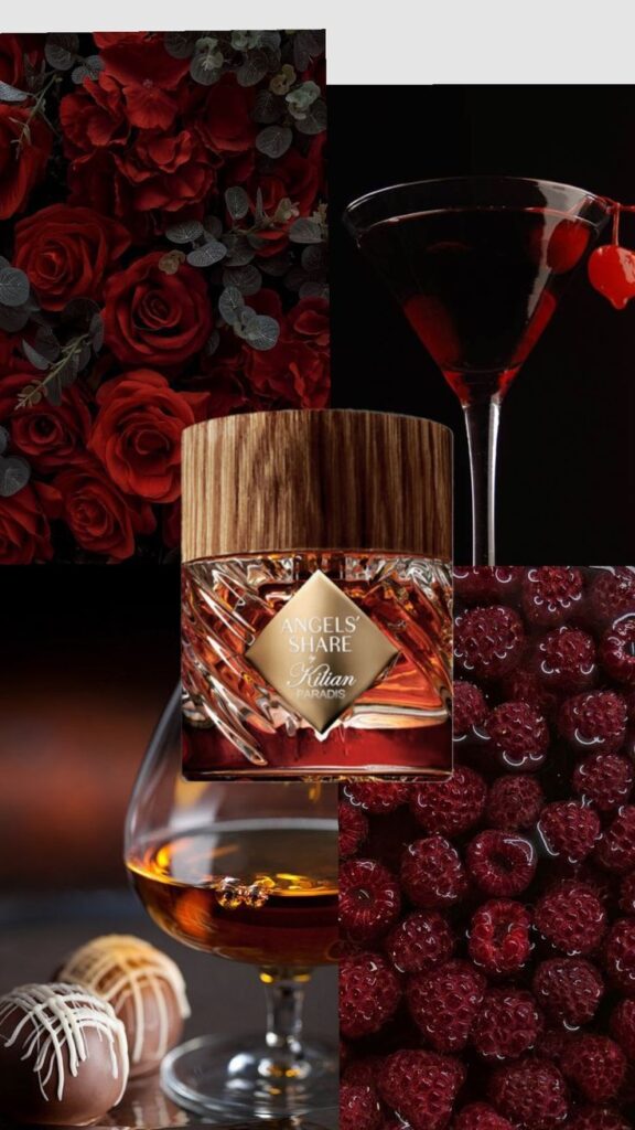 Luxurious composition of roses, chocolate, raspberries, and spirits, surrounding an elegant Angel's Share by Kilian Paradis bottle.