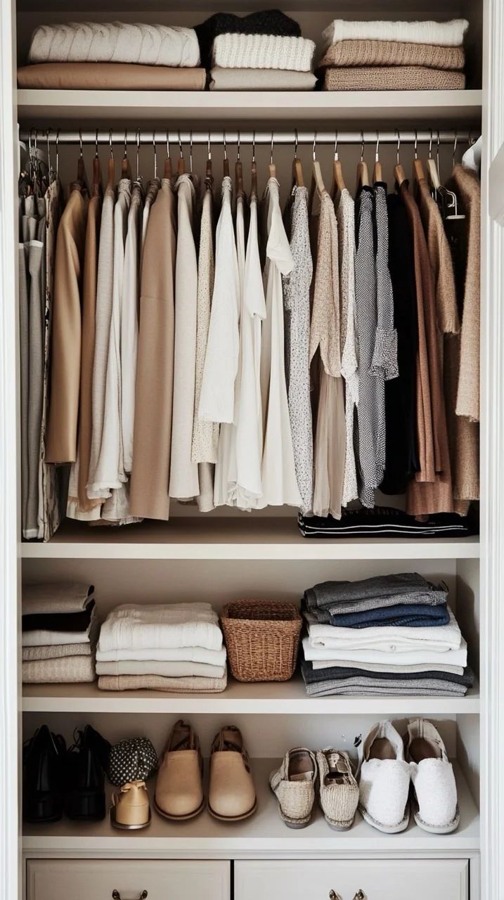 Organized closet with neatly arranged neutral clothing, folded sweaters, shoes, and baskets for a minimalist style.