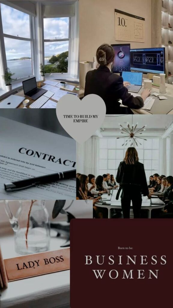 Collage of women in business settings: office work, meetings, Lady Boss. Empowerment theme, Time to Build My Empire.
