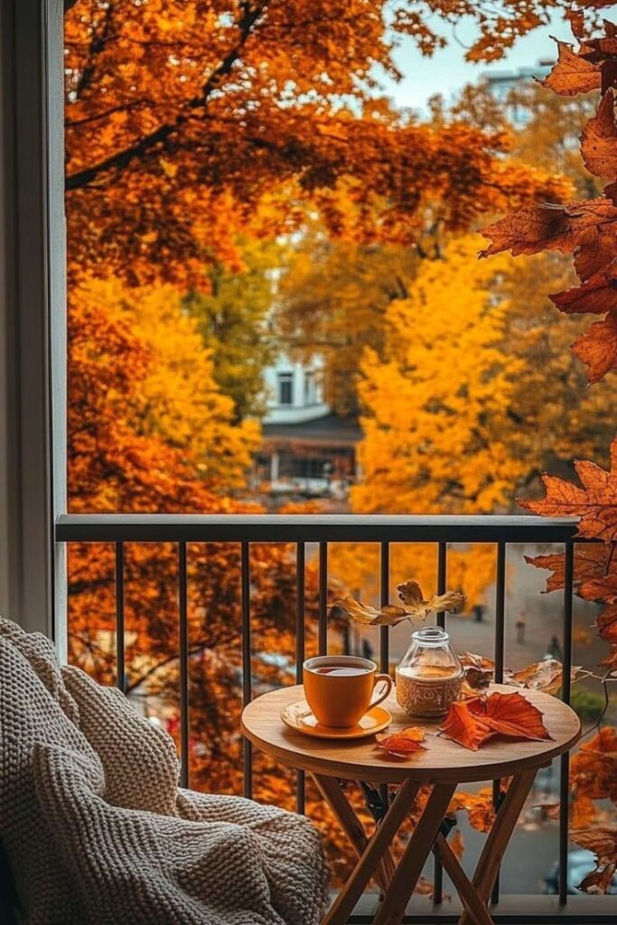 Cozy autumn balcony scene with a cup of coffee, knit blanket, and vibrant fall foliage in the background. Tranquil seasonal vibe.