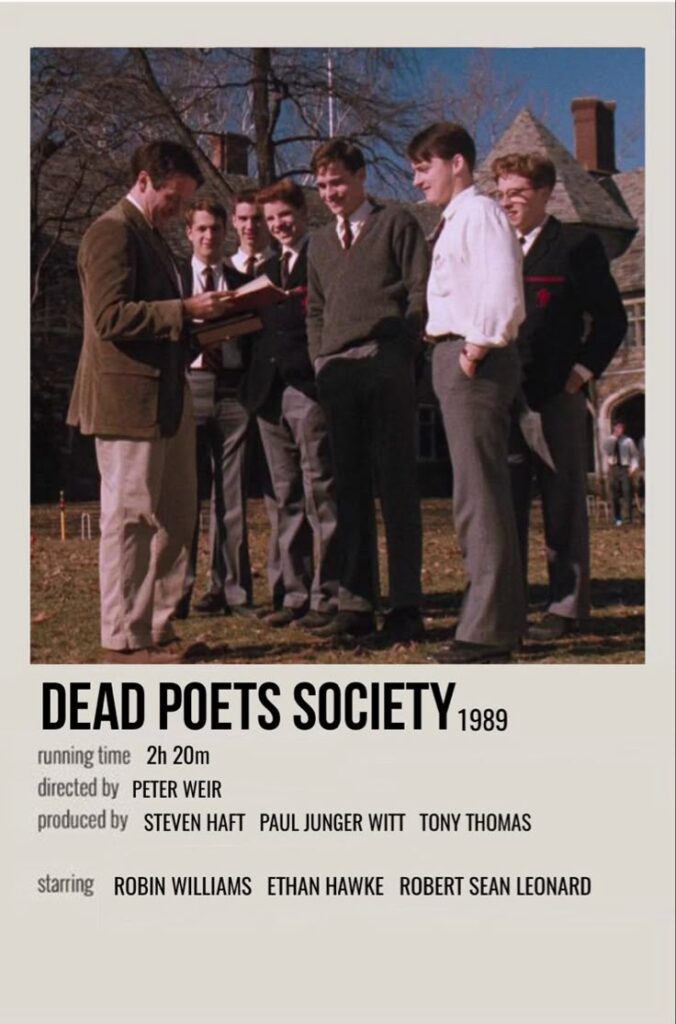 Group of students and a teacher stand outdoors in Dead Poets Society movie poster, 1989. Directed by Peter Weir.