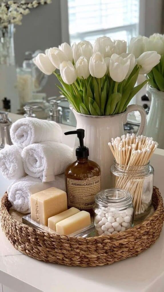 Spa-inspired bathroom decor: white tulips, rolled towels, soap, pump bottle, and jars in a woven basket. Elegant and serene ambiance.
