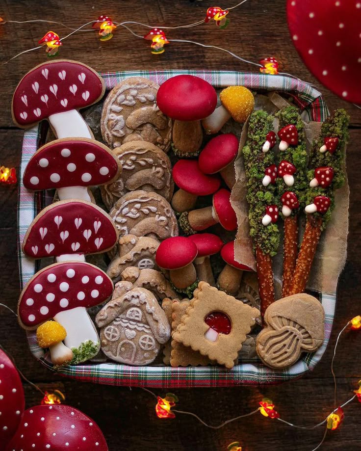 Festive mushroom-themed cookies in a basket, surrounded by string lights, perfect for a whimsical holiday treat display.