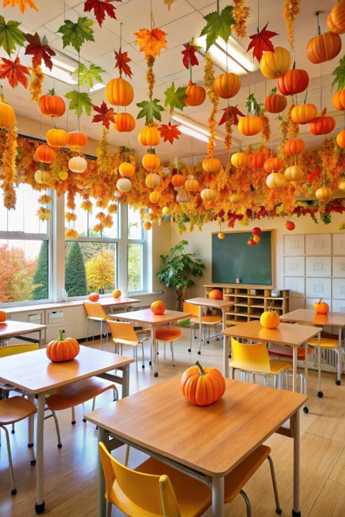 Classroom decorated with hanging autumn leaves and pumpkins, celebrating fall with bright seasonal colors and festive charm.