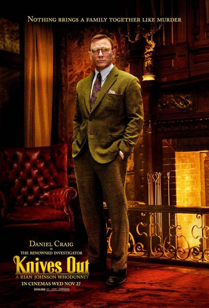 Movie poster for Knives Out featuring lead actor in a detective role, set in a luxurious room with text about the film's release.