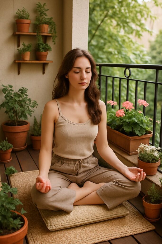 Woman meditating on balcony surrounded by potted plants, promoting relaxation and mindfulness in a serene setting.