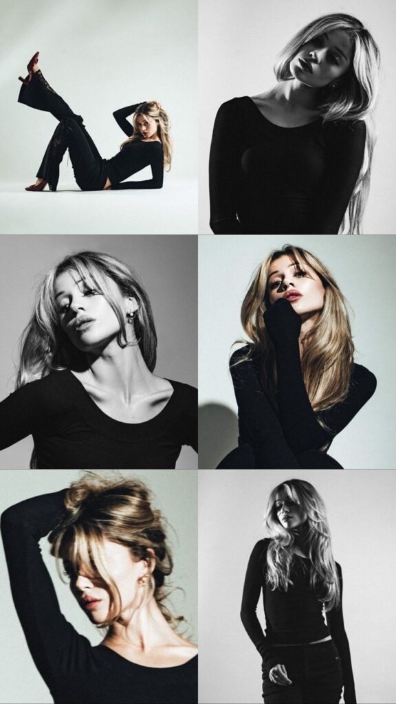 Stylish woman in black outfit poses in various creative angles, showcasing elegance and modern fashion.