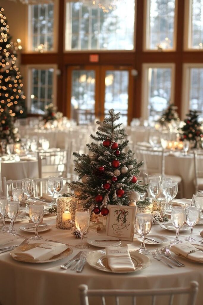 Elegant holiday table setting with decorated mini Christmas tree centerpiece, surrounded by candles and glassware in a festive venue.