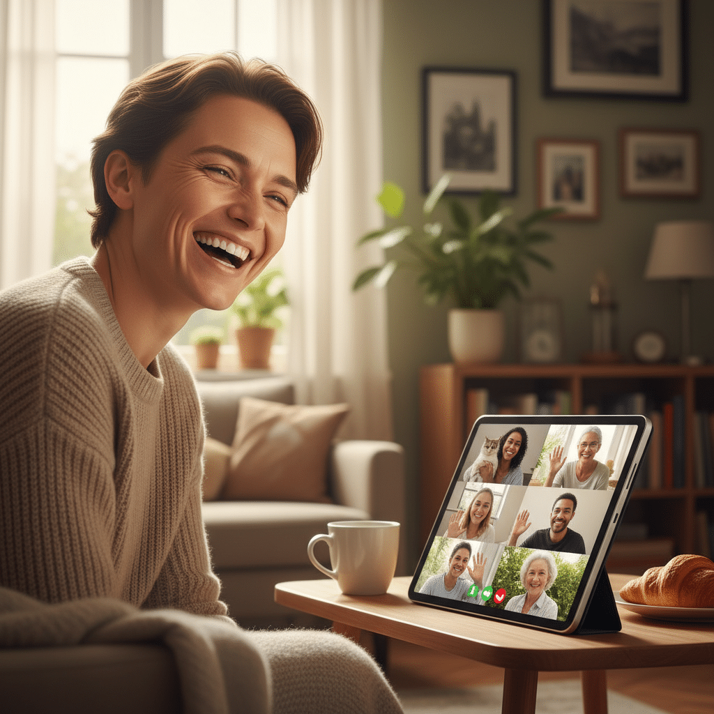 Smiling person on video call with friends, laptop on table, cozy living room setting, enjoying a virtual gathering.