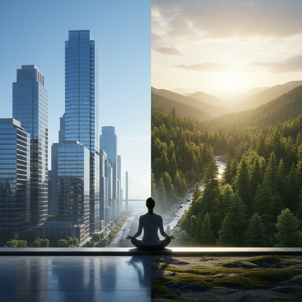 Person meditating between a cityscape and nature, symbolizing balance and harmony between urban life and natural surroundings.