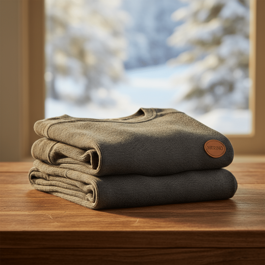 Folded Merino wool sweater on wooden table with snowy winter view through window, highlighting cozy and warm clothing.