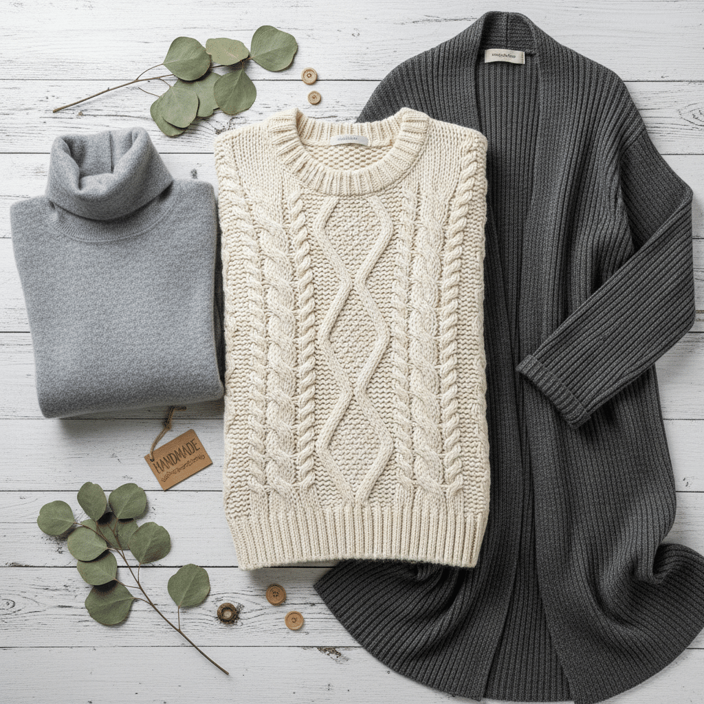 Cozy sweaters and cardigan on rustic wood: gray turtleneck, cream cable-knit, and charcoal ribbed knit—perfect for winter fashion.