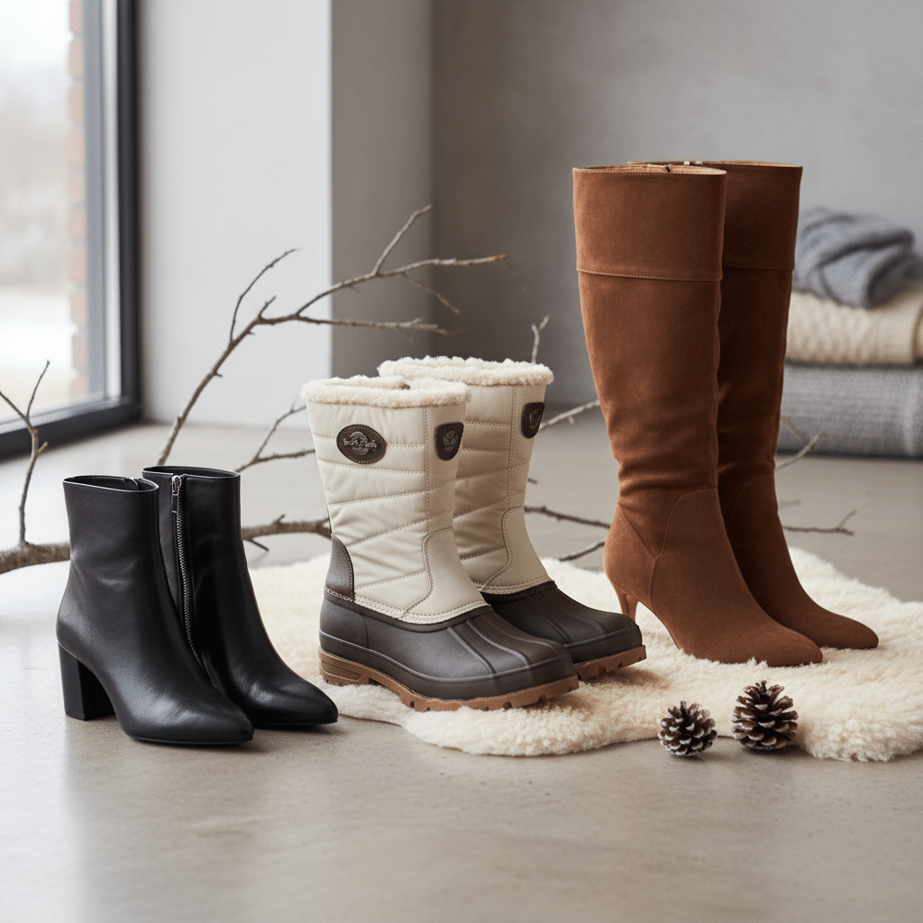 Three pairs of stylish boots on display indoors: black ankle boots, cream winter boots, and brown knee-high boots on a rug.