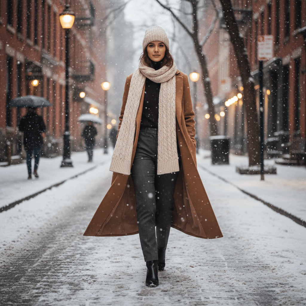 Woman in coat and scarf walking down snowy city street with snowflakes falling, lamps glowing, and umbrella users in the background.