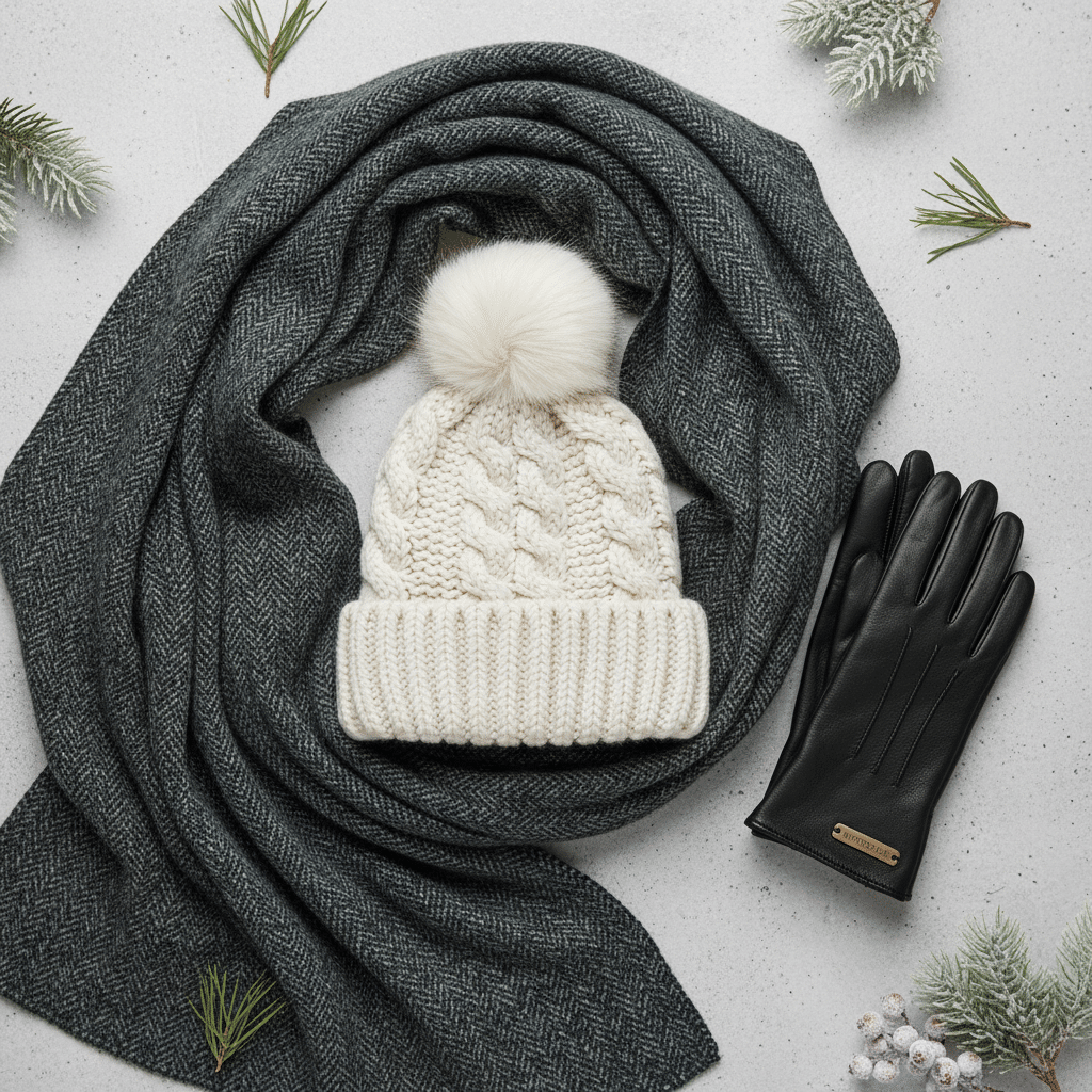 Cozy winter essentials: cable knit beanie, herringbone scarf, and leather gloves, surrounded by festive greenery.
