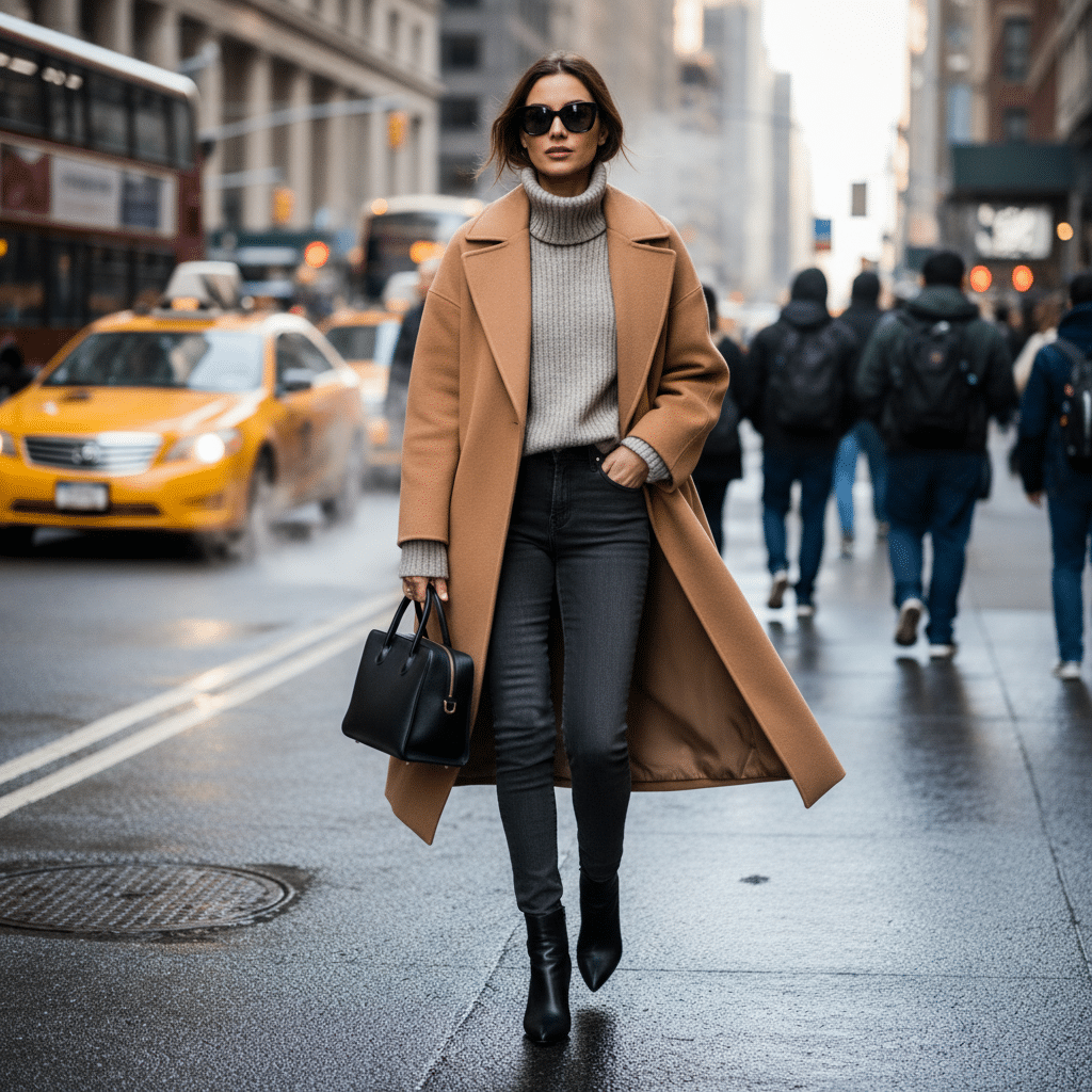 Stylish woman in a camel coat walking in a busy city street with taxis and skyscrapers. Urban fashion, winter style.