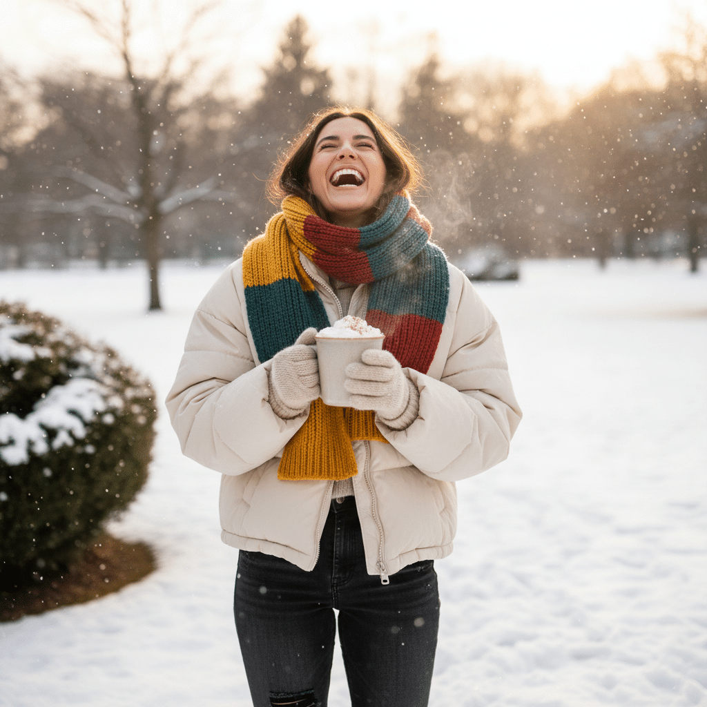 Woman in a snowy park laughing, holding hot cocoa, wearing a colorful scarf and winter jacket. Cozy winter joy.