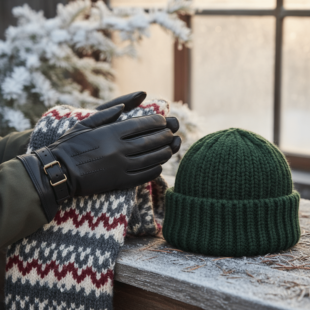 Warm winter essentials: knitted hat, patterned scarf, and black gloves on icy outdoor table. Cozy and stylish winter attire.