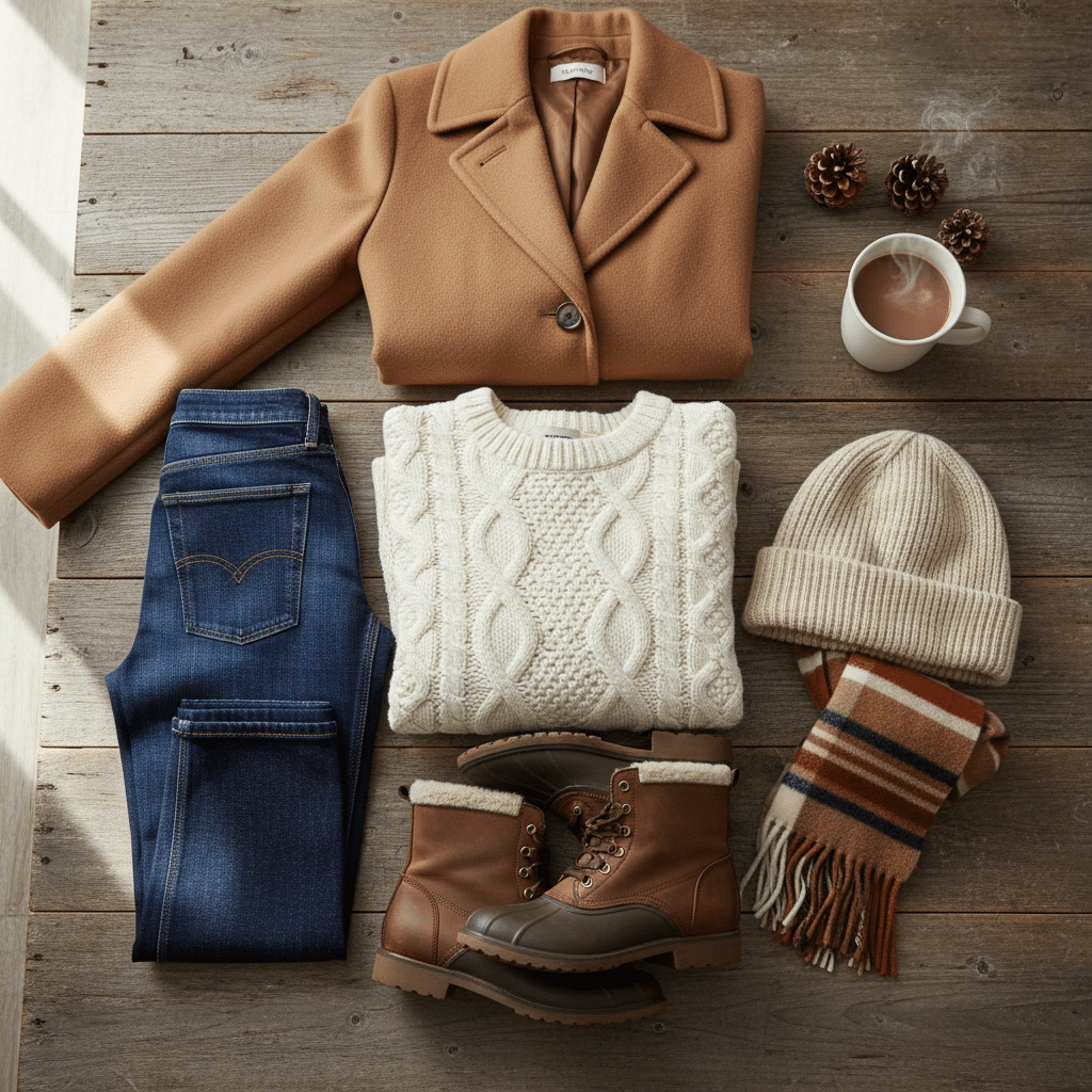 Flat lay of cozy winter essentials: camel coat, knit sweater, jeans, tan beanie, striped scarf, boots, pinecones, and warm drink.