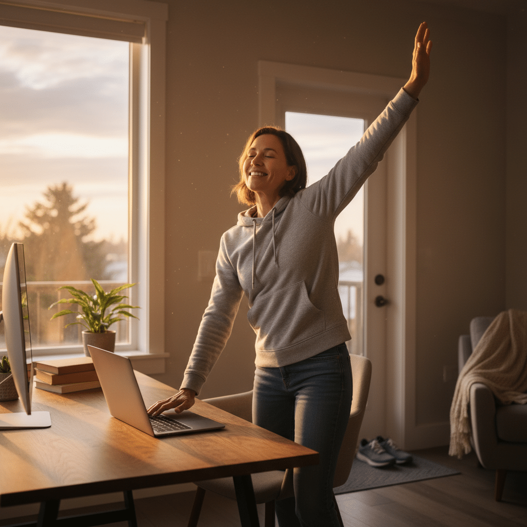 Woman joyfully stretching at home office desk with laptop and sunset view.