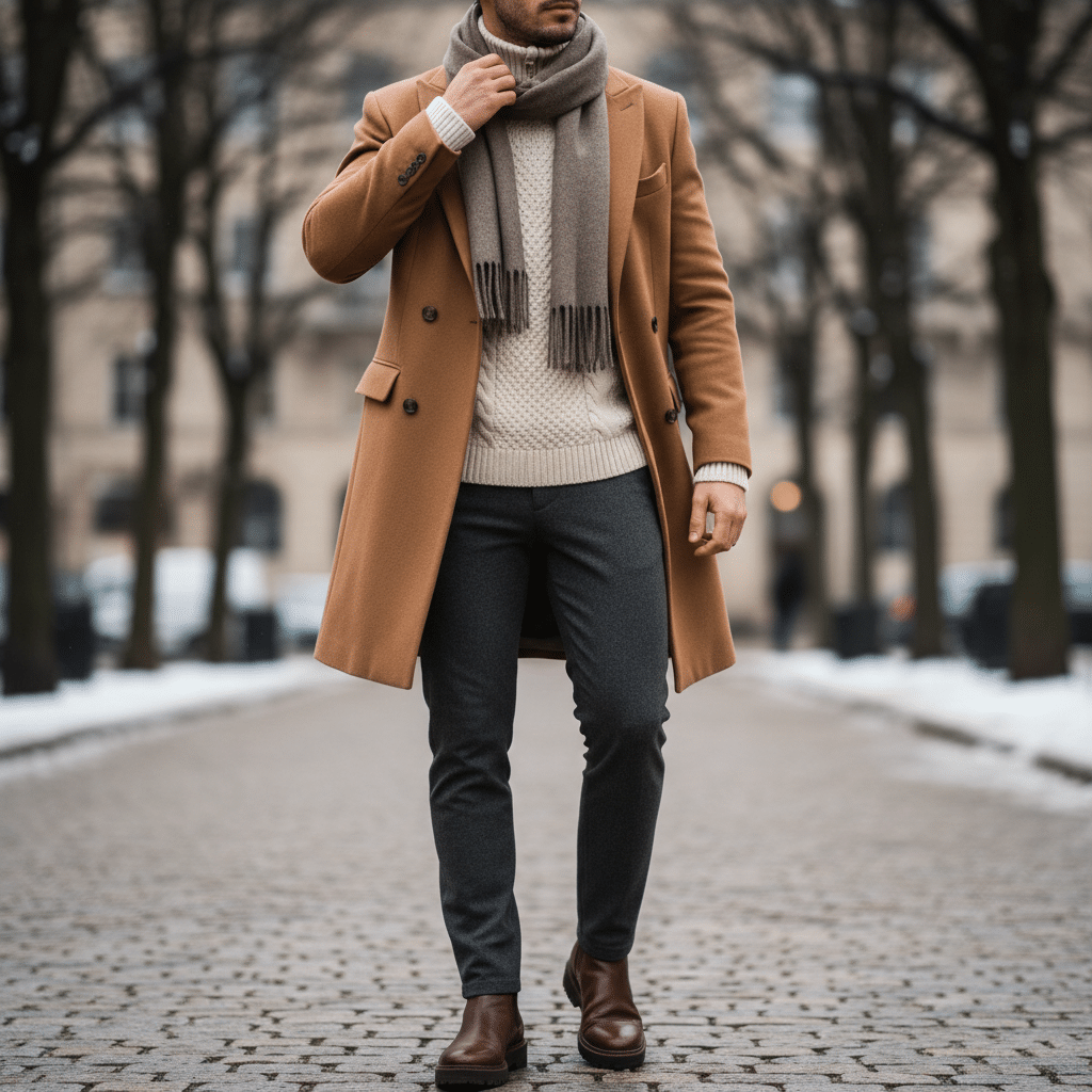 Man in a stylish winter outfit with a camel coat, scarf, and boots, walking on a snowy street.