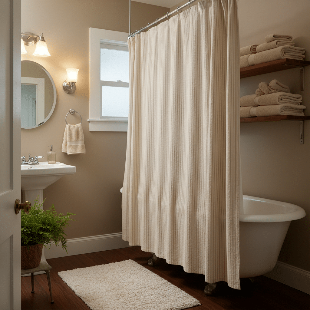 Cozy bathroom with clawfoot tub, beige shower curtain, round mirror, modern fixtures, and neatly stacked towels on wooden shelves.