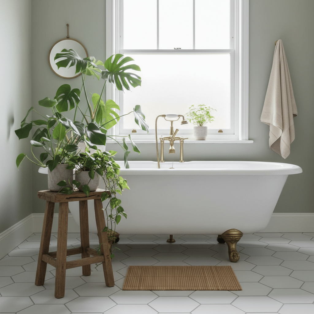 Cozy bathroom with clawfoot tub, lush plants on a wooden stool, and sunlight streaming through a window. Spa-like and serene atmosphere.