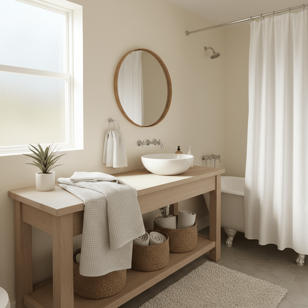 Minimalist bathroom with wooden vanity, vessel sink, round mirror, and potted plant. Cozy and serene interior.