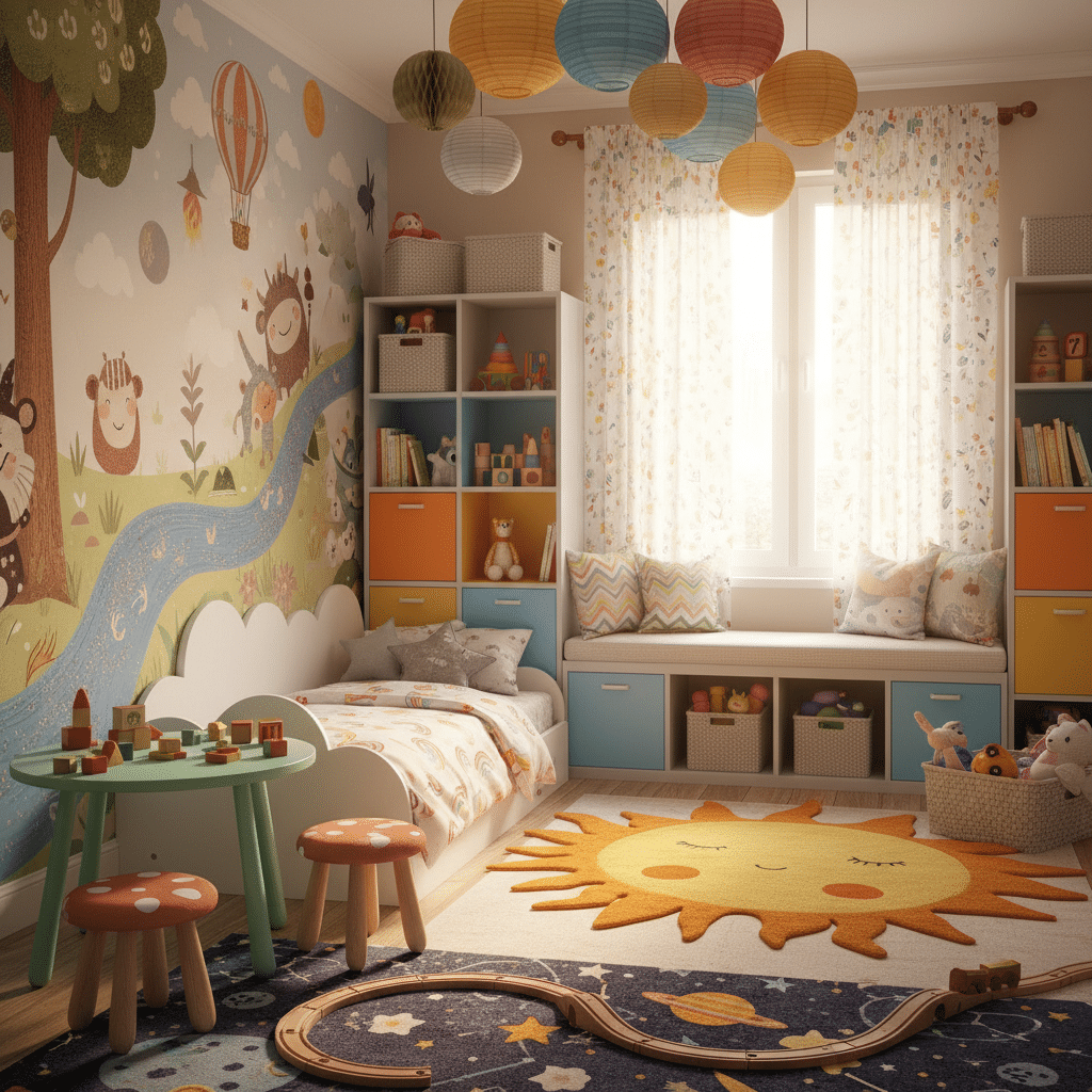Colorful kids' room with whimsical wall mural, cozy bed, storage shelves, and playful sun and stars themed decor.