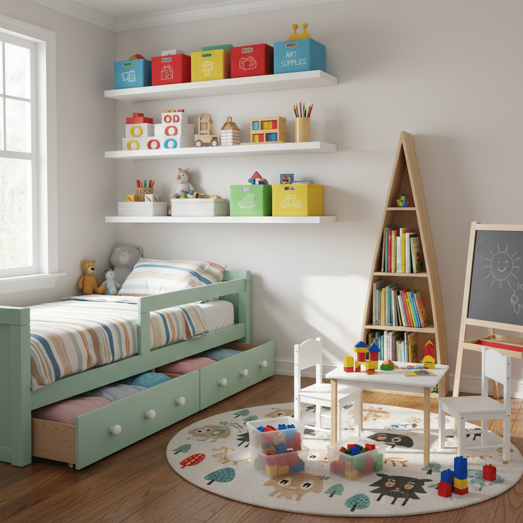 Cozy kids' bedroom with bed, bookcase, and play area. Colorful storage boxes, toys, and a chalkboard create a fun, organized space.