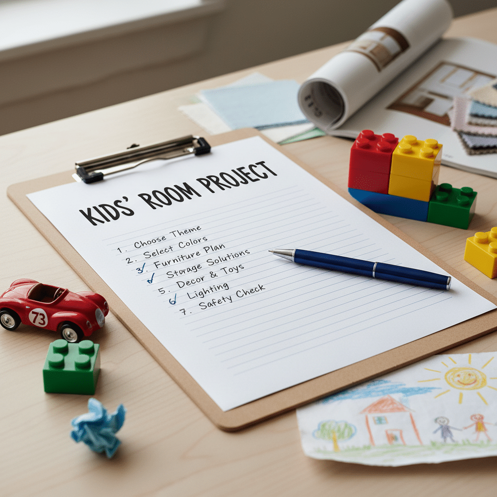 Kids' room project checklist on clipboard with toy car, building blocks, and sketches on desk.
