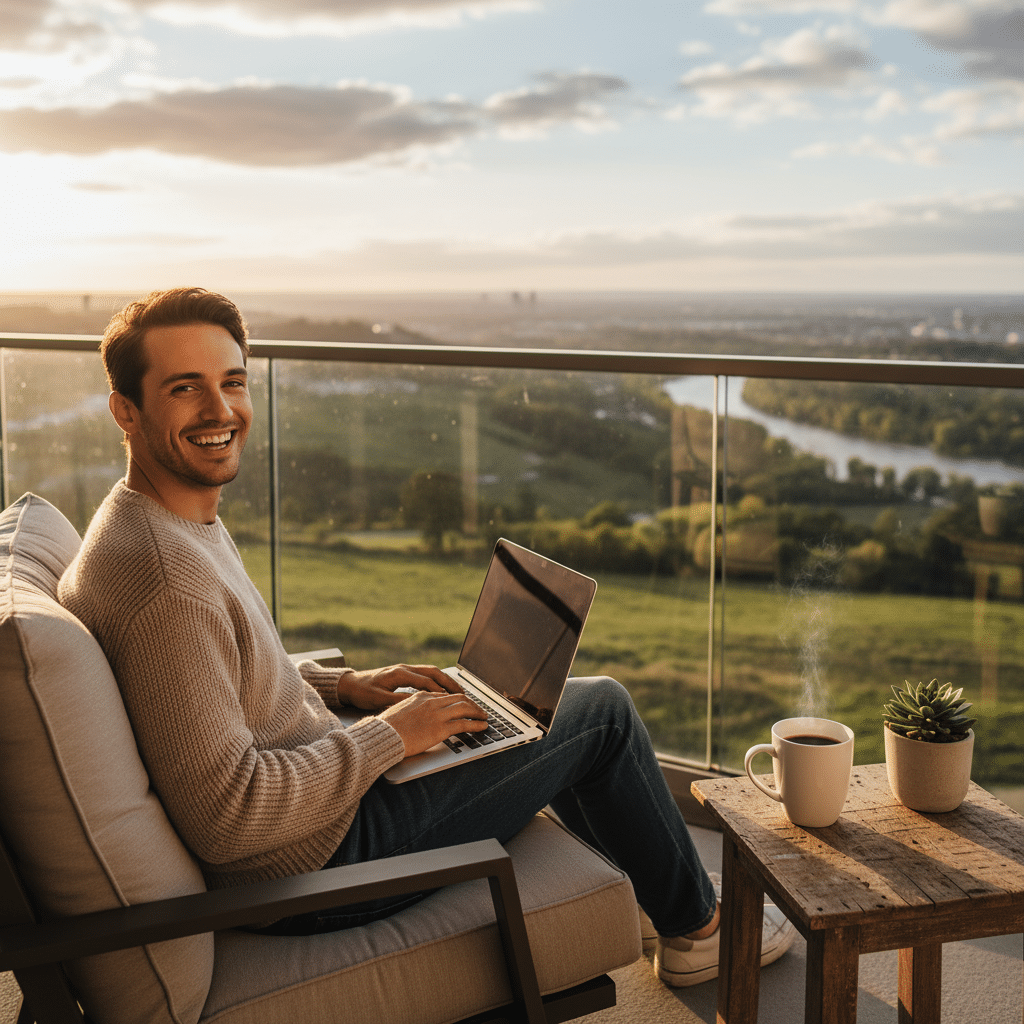 Man smiling while working on a laptop outdoors with a scenic view.