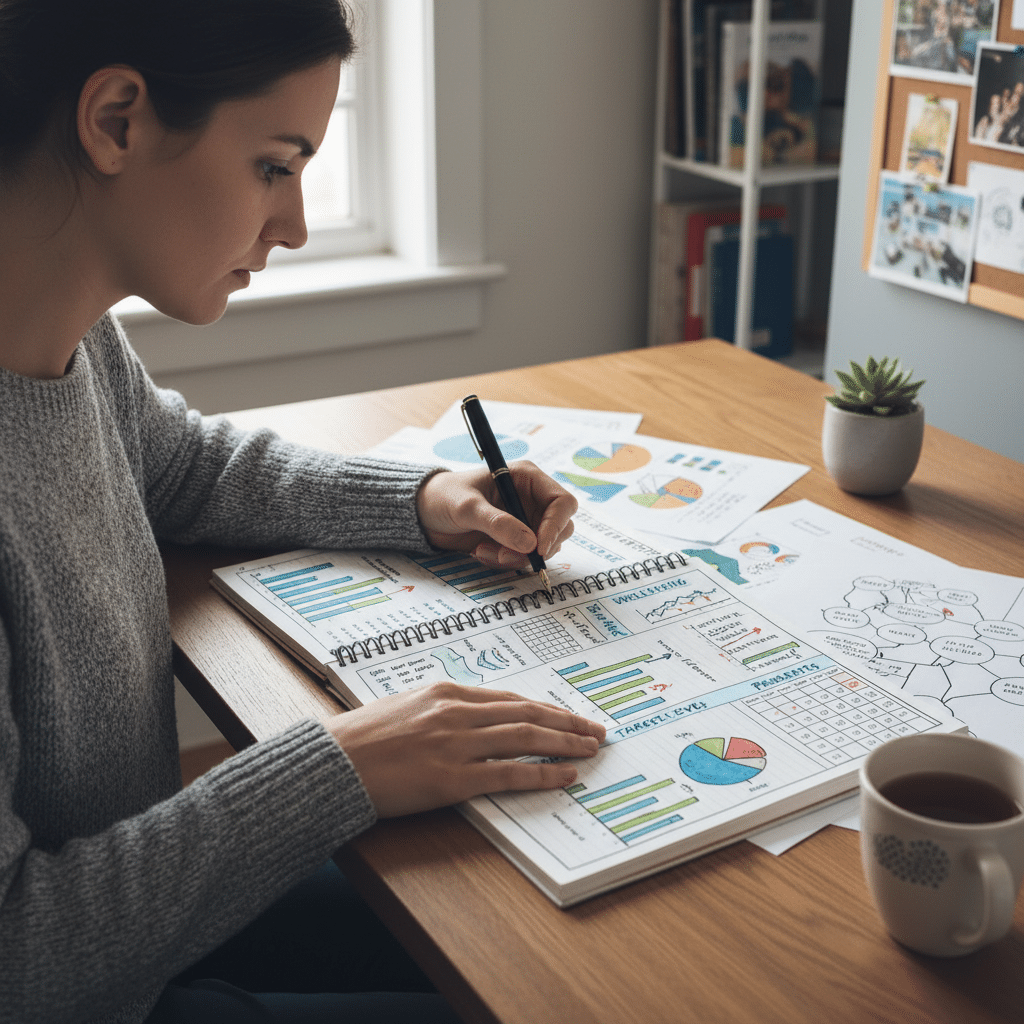 Woman analyzing colorful charts at a desk, taking notes. Concepts of data analysis and planning in a cozy home office setting.