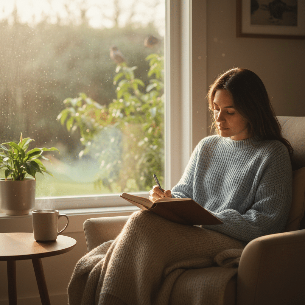 Cozy morning: Woman journaling by sunlight, wrapped in a blanket, with a warm drink and potted plant nearby.