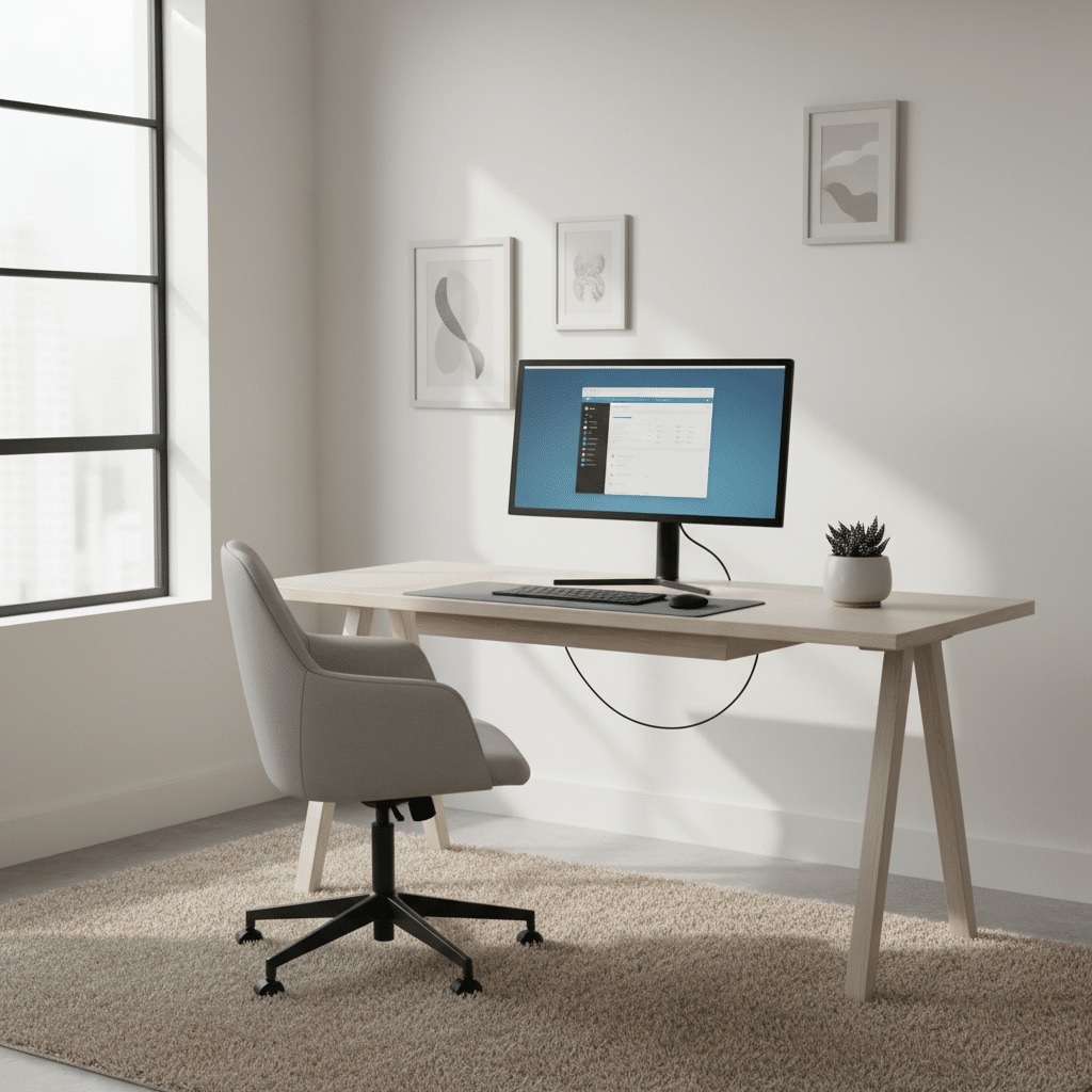 Modern home office with a computer desk, ergonomic chair, and decor, bathed in natural light from a large window.