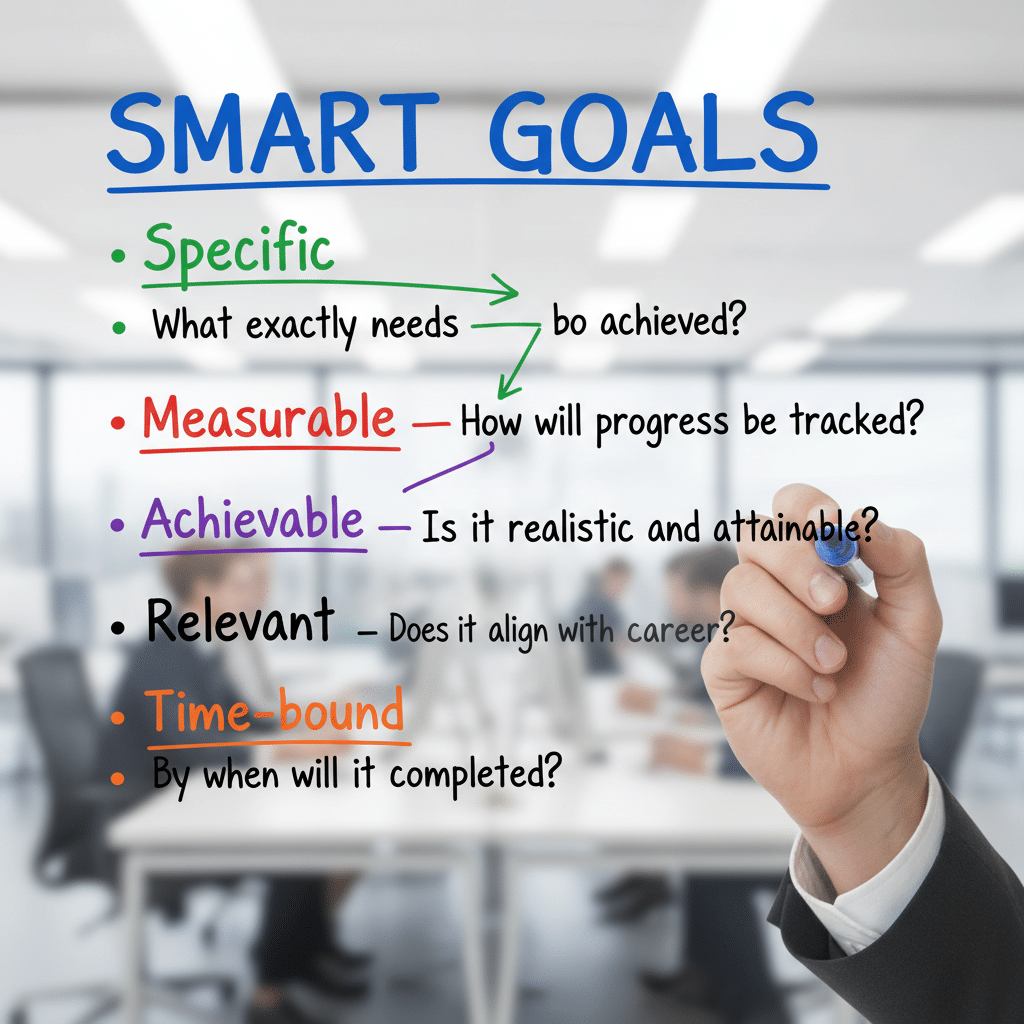 Handwriting on glass details SMART Goals: Specific, Measurable, Achievable, Relevant, Time-bound, in an office setting.