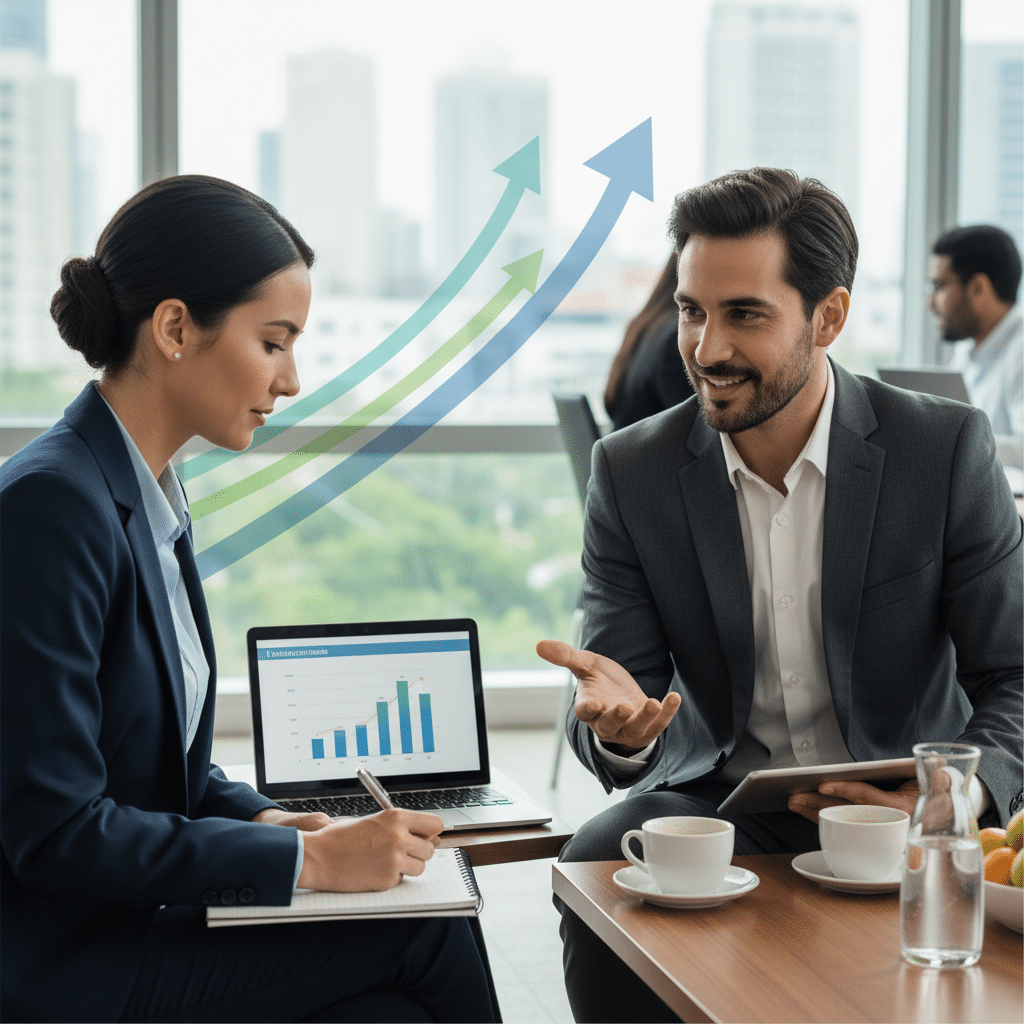 Business meeting with two professionals discussing growth on laptop graph, office setting, teamwork and success concept.