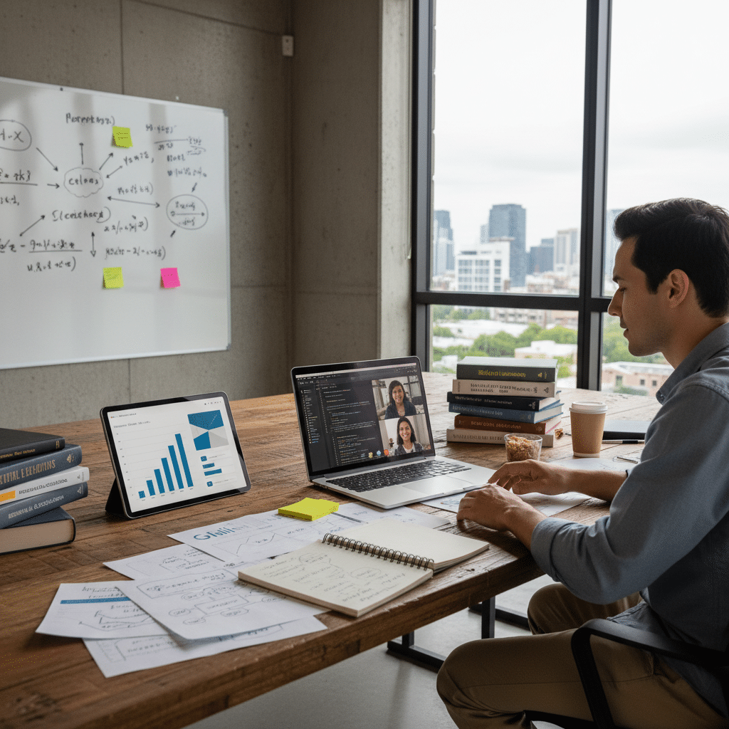 Professional working remotely with graphs, video call, and notes in a modern office, focused on projects and collaboration.