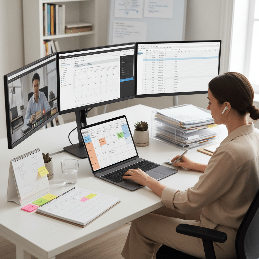 Woman in office multitasking, video conferencing, using computer monitor with files and calendar planning on desk.