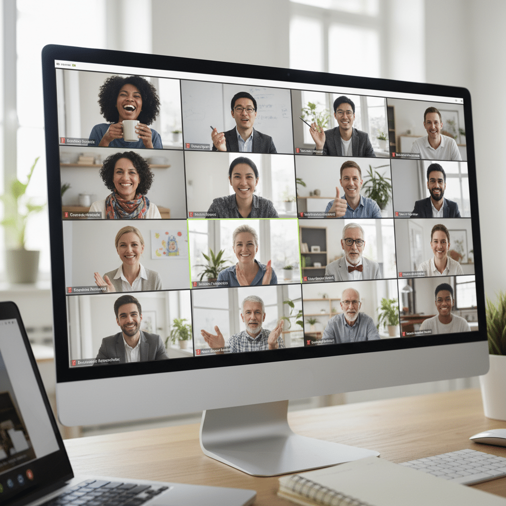 Screenshot of a diverse group in a virtual video call meeting, smiling and engaging on a desktop monitor.