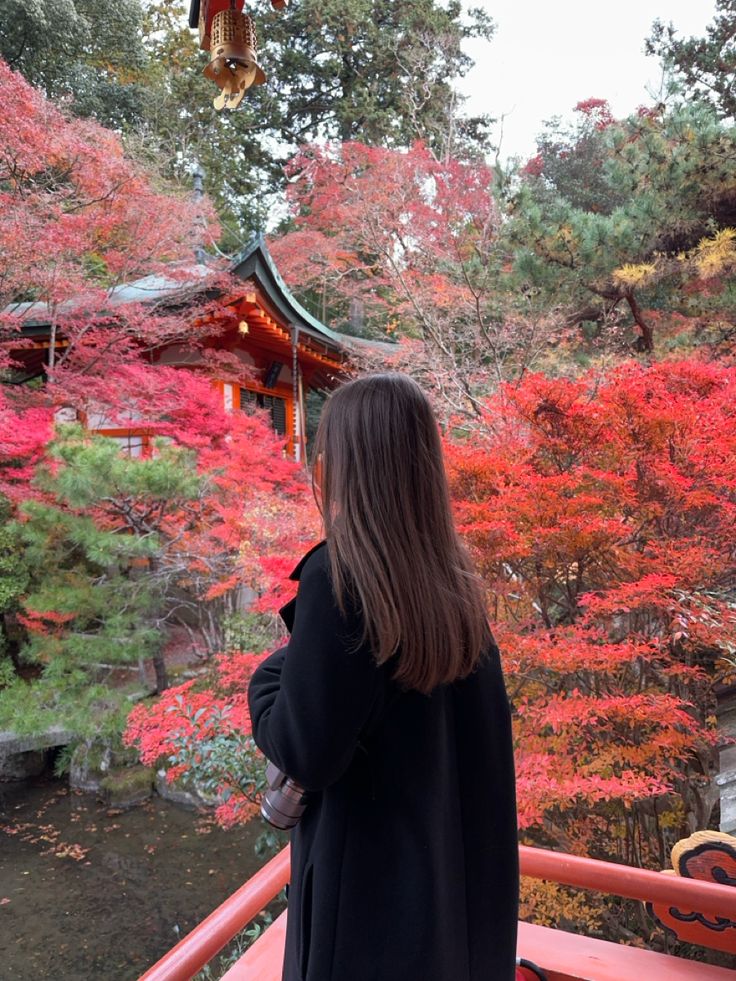 Woman in black coat admires vibrant autumn foliage near a traditional Japanese temple.