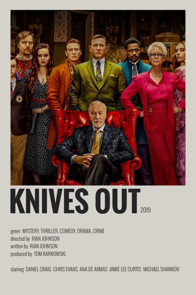 Knives Out 2019 movie poster featuring ensemble cast in stylish attire. Mystery, thriller, comedy genres by Rian Johnson.