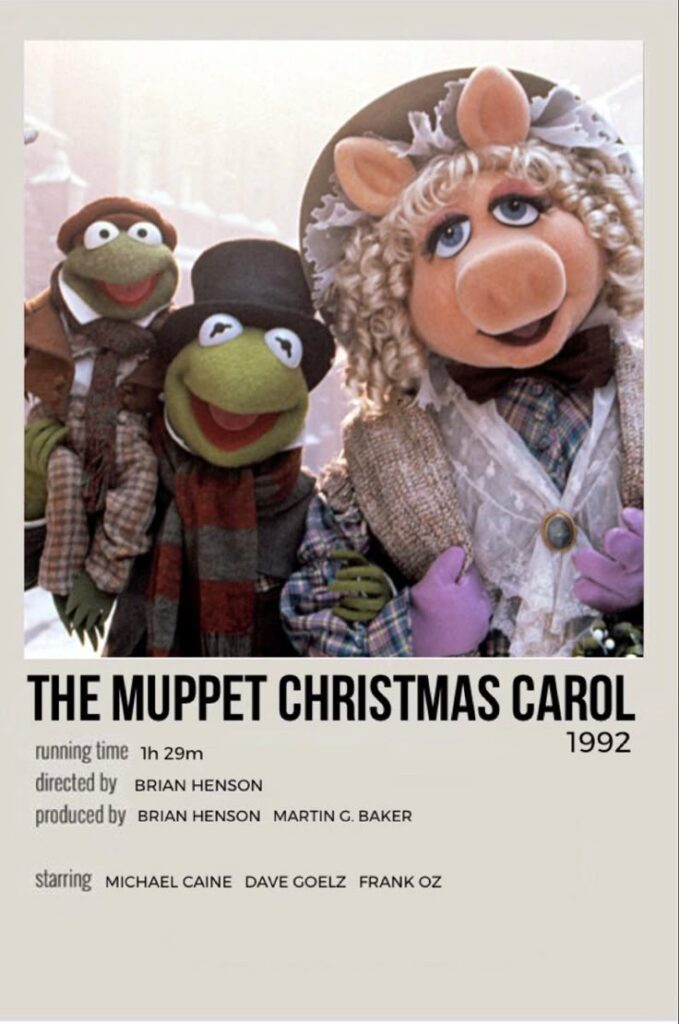 Poster of The Muppet Christmas Carol (1992) featuring Muppet characters dressed for a festive holiday scene.